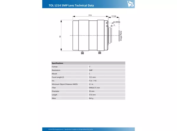 TOL 1214 5MP Lens Technical Data
