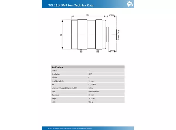 TOL 1614 5MP Lens Technical Data