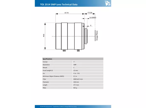 TOL 2514 5MP Lens Technical Data