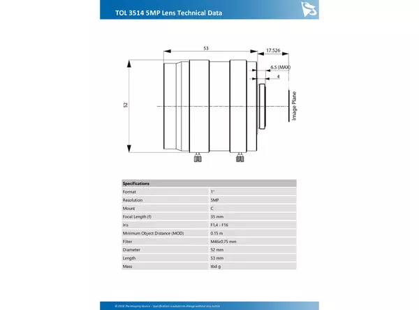 TOL 3514 5MP Lens Technical Data