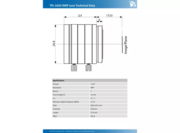 TPL 1620 9MP Lens Technical Data