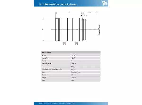 TPL 3520 10MP Lens Technical Data