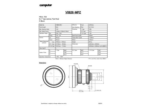 V0826-MPZ 镜头技术数据表