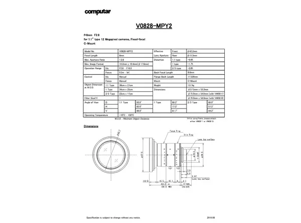 V0828-MPY2 Lens Technical Data