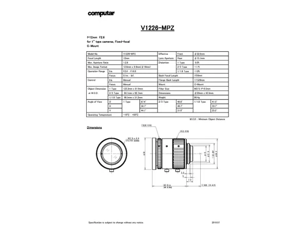 V1226-MPZ Lens Technical Data