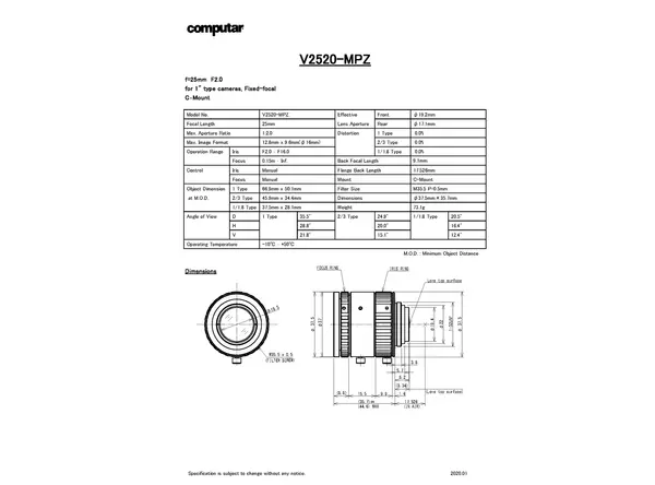 V2520-MPZ 镜头技术数据表