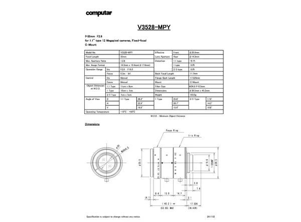 V3528-MPY 镜头技术数据表