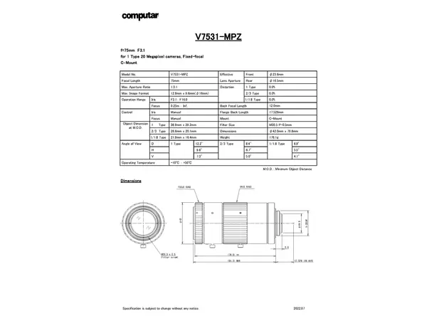 V7531-MPZ 镜头技术数据表