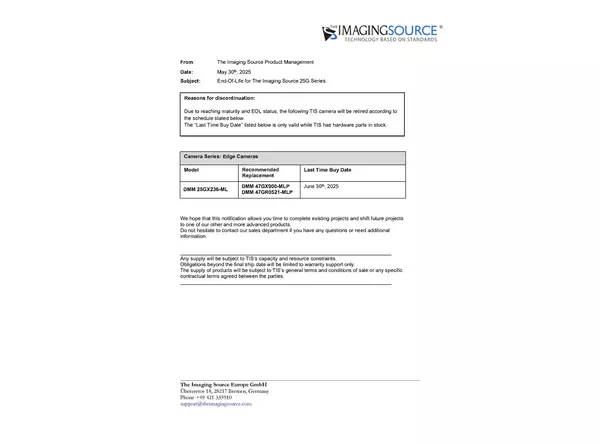 End-Of-Life for The Imaging Source 25G Series