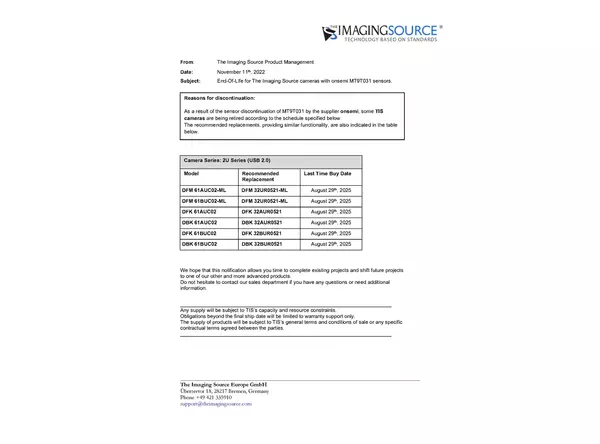 Subject: End-Of-Life for The Imaging Source cameras with onsemi MT9T031 sensors.