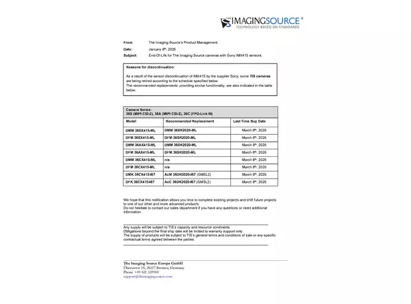 End-Of-Life for The Imaging Source cameras with Sony IMX415 sensors