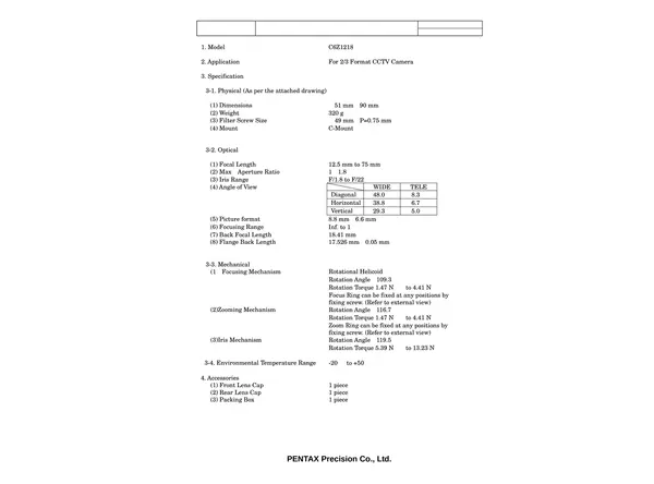 Datasheet for C6Z 1218 (FA) Lens