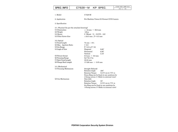 Datasheet for C7528-MKP Lens