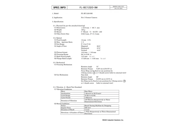 Datasheet for FL-BC1220-9M Lens