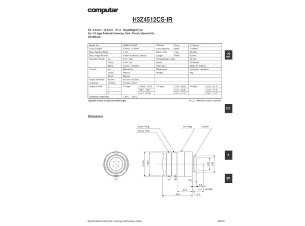 Datasheet for H3Z 4512 CS-IR Lens