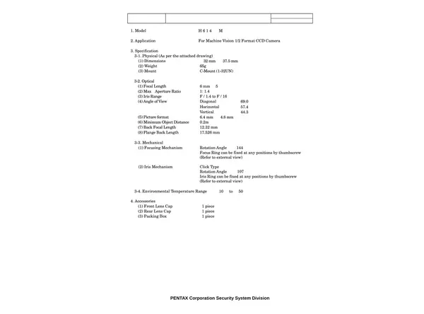 Datasheet for H614-MQKP Lens