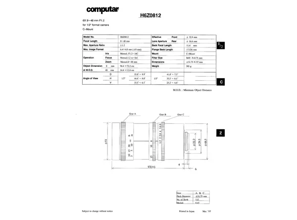 Datasheet for H6Z 0812 Lens