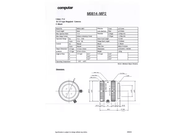 Datasheet for M0814-MP2 Lens