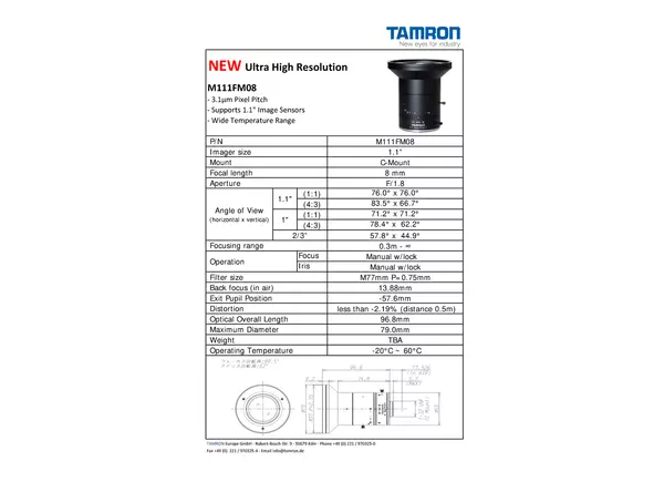 Datasheet for M111FM08 Lens