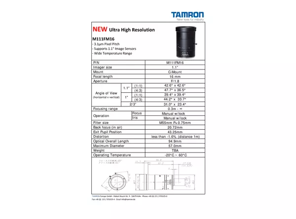 Datasheet for M111FM16 Lens