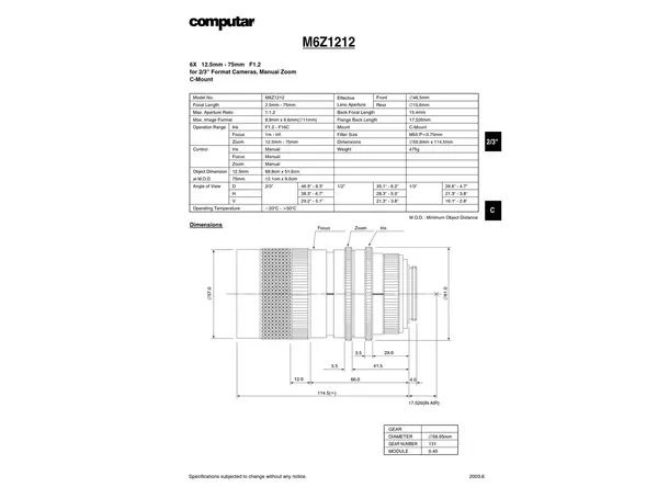 Datasheet for M6Z 1212 Lens
