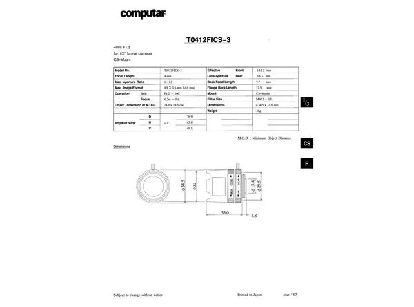 Datasheet for T 0412 FICS-3 Lens