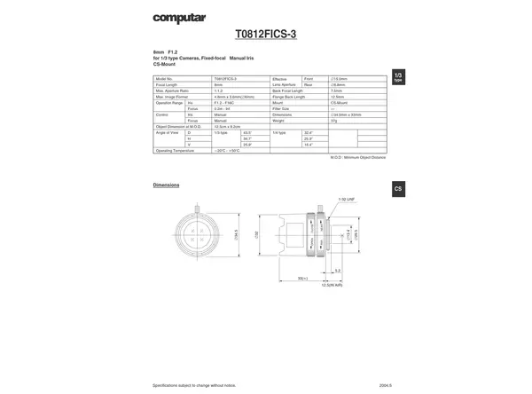 Datasheet for T 0812 FICS-3 Lens