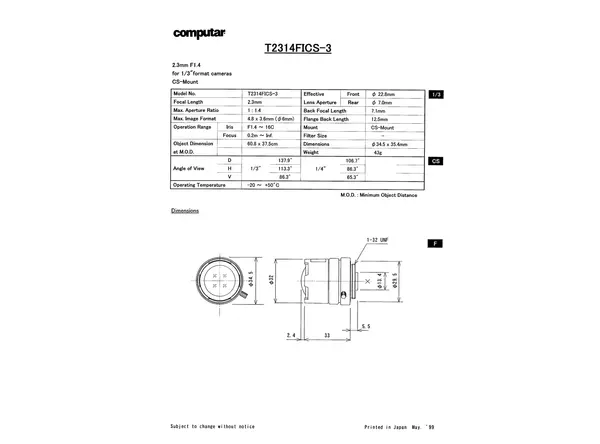 Datasheet for T 2314 FICS-3 Lens