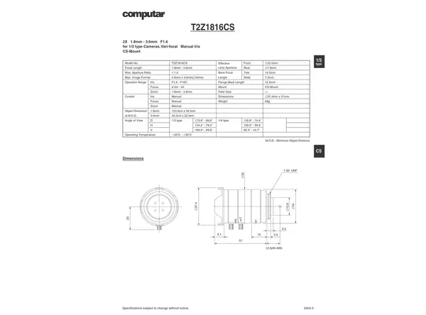 Datasheet for T2Z 1816 CS Lens