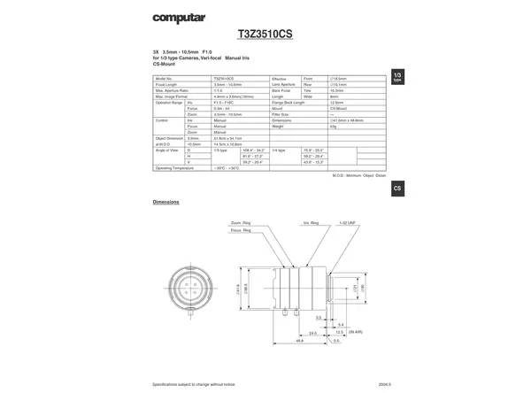 Datasheet for T3Z 3510 CS Lens