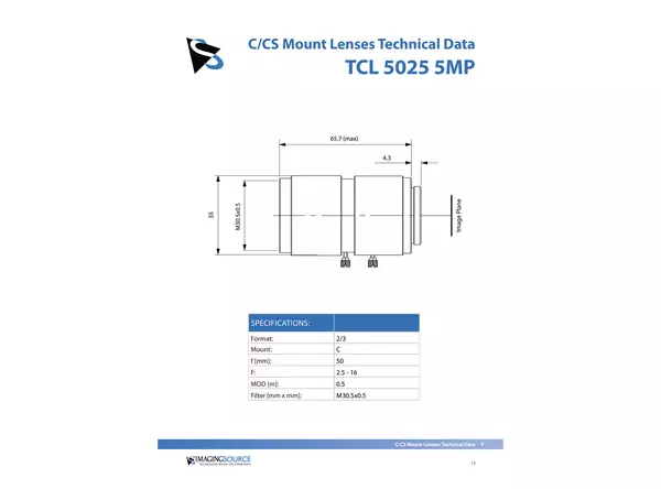 Datasheet for TCL 5025 5MP Lens