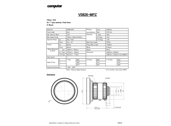Datasheet for V0826-MPZ Lens