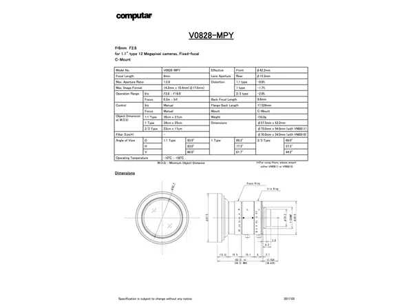 Datasheet for V0828-MPY Lens