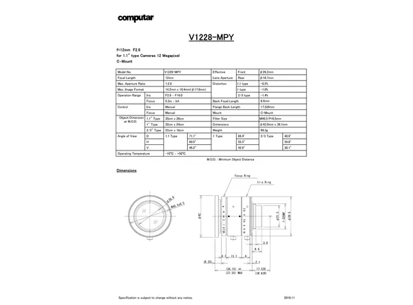Datasheet for V1228-MPY Lens
