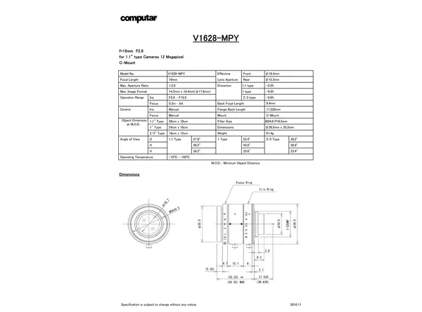 Datasheet for V1628-MPY Lens