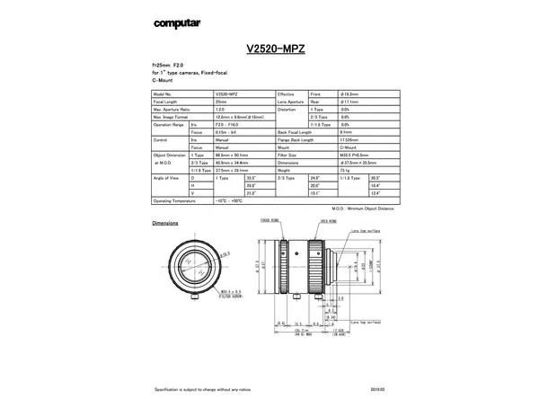Datasheet for V2520-MPZ Lens