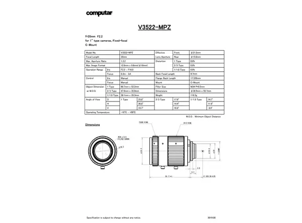 Datasheet for V3522-MPZ Lens