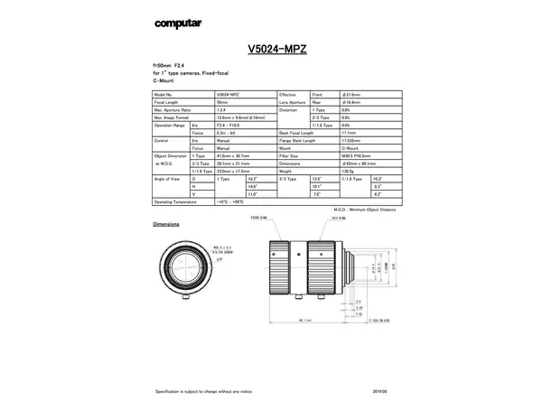 Datasheet for V5024-MPZ Lens