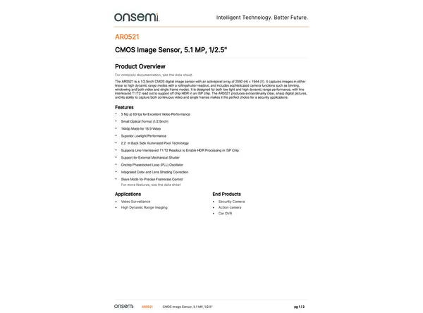 Datasheet for onsemi AR0521 CMOS Sensor