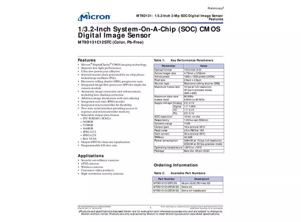 Datasheet for onsemi MT9D131 CMOS Sensor