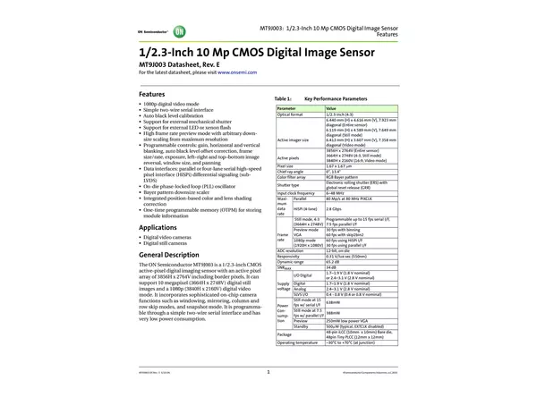 Datasheet for onsemi MT9J003 CMOS Sensor