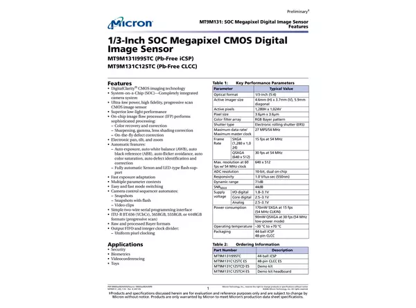 Datasheet for onsemi MT9M131 CMOS Sensor