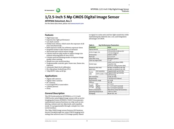 Datasheet for onsemi MT9P006 CMOS Sensor