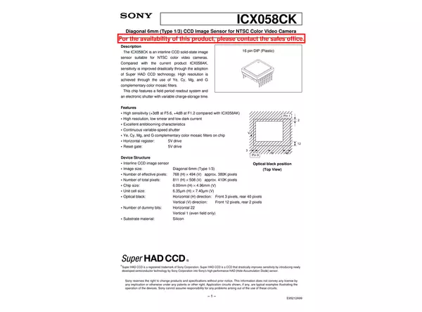 Datasheet for Sony ICX058CK CCD Sensor