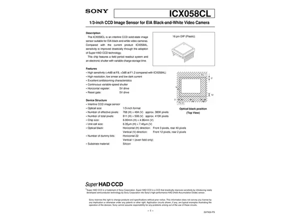 Datasheet for Sony ICX058CL CCD Sensor