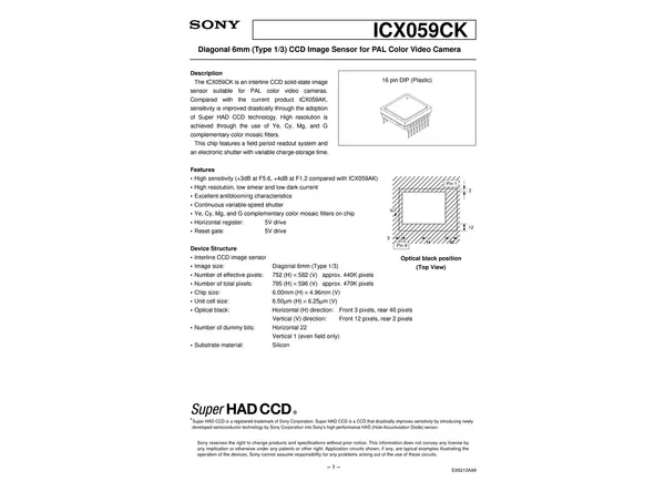 Datasheet for Sony ICX059CK CCD Sensor