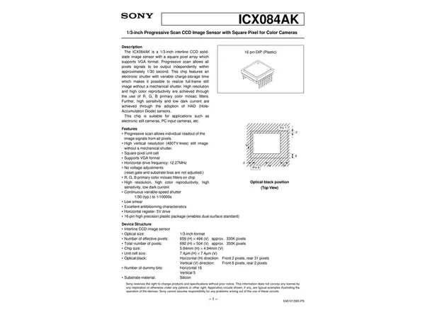 Datasheet for Sony ICX084AK CCD Sensor
