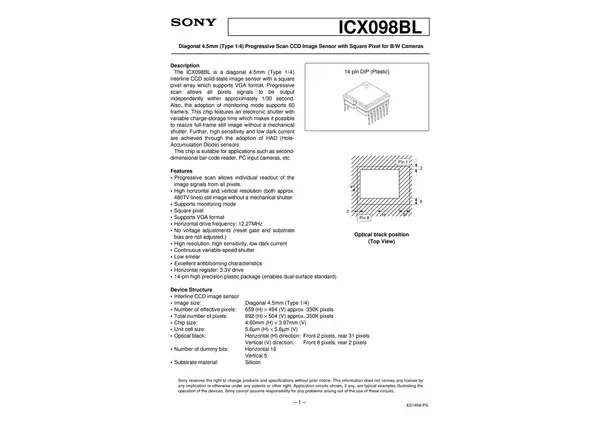 Datasheet for Sony ICX098BL CCD Sensor