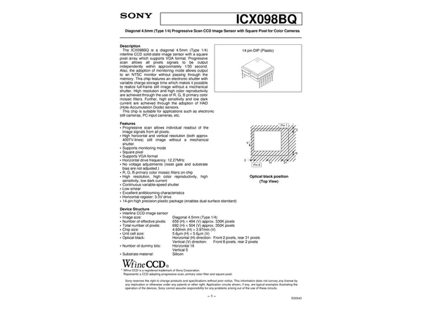 Datasheet for Sony ICX098BQ CCD Sensor