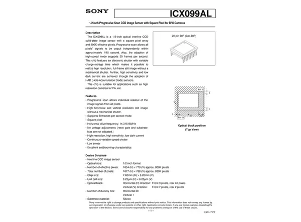 Datasheet for Sony ICX099AL CCD Sensor